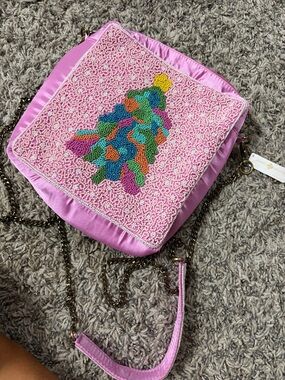 Pink Beaded Crossbody Bag with Multicolor Pattern